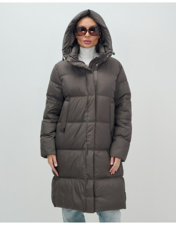 Длинный женский пуховик с капюшоном для зимы.