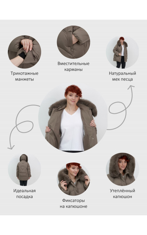 Пуховик зимний женский с мехом и капюшоном, коричневый.