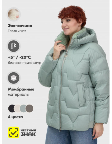 Пуховик зимний женский из овчины, стильный и модный, зелёного цвета.