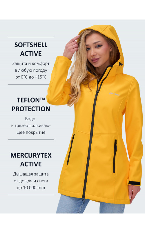 Женская спортивная парка с капюшоном, жёлтый softshell.