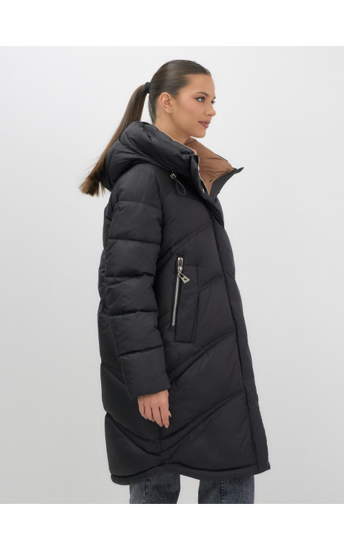 Длинный зимний пуховик с капюшоном для женщин