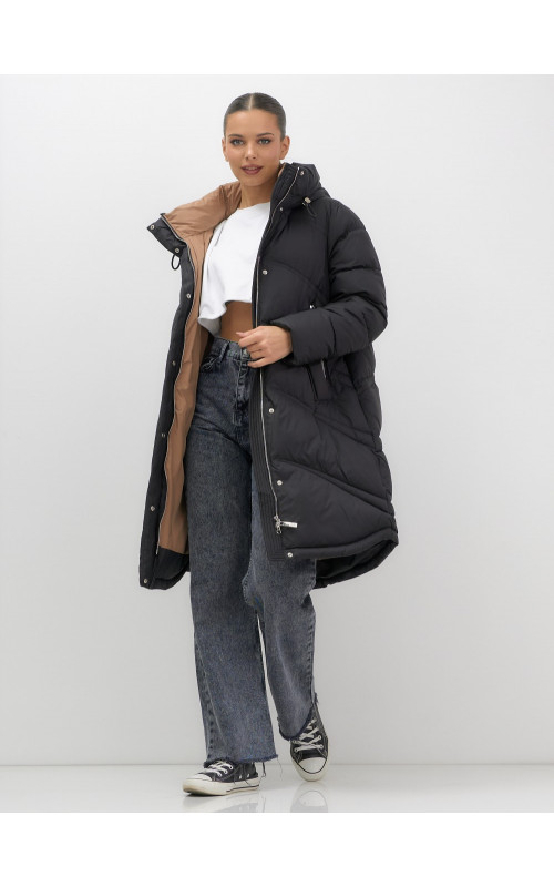 Длинный зимний пуховик с капюшоном для женщин