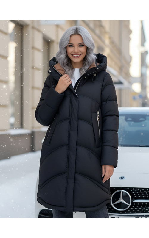 Длинный зимний пуховик с капюшоном для женщин