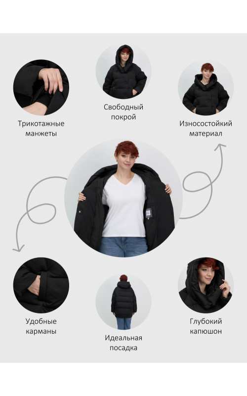 Пуховик женский зимний с капюшоном, чёрный.