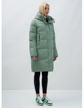 Тёплый женский пуховик с капюшоном до колена.
