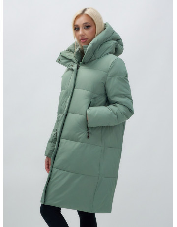 Тёплый женский пуховик с капюшоном до колена.