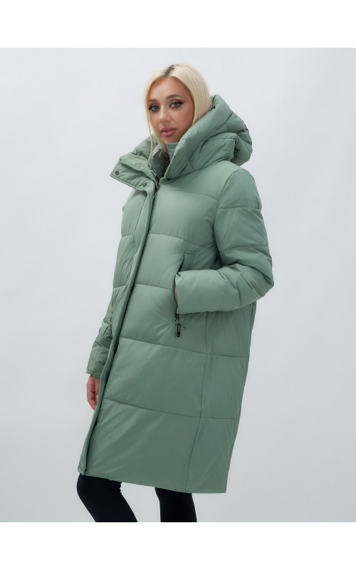 Тёплый женский пуховик с капюшоном до колена.
