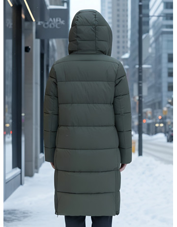 Длинный женский пуховик с капюшоном для холодной погоды