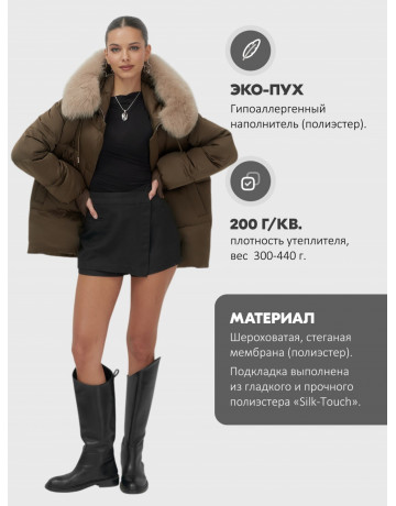 Пуховик зимний женский с мехом и капюшоном, горчичный.