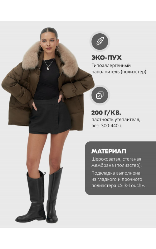 Пуховик зимний женский с мехом и капюшоном, горчичный.