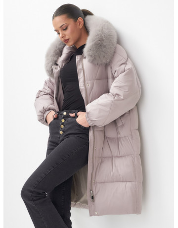 Длинный зимний пуховик с мехом песца.