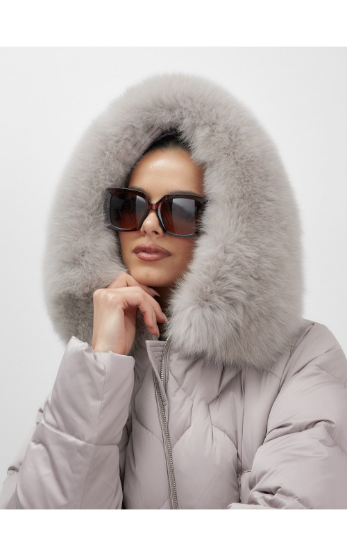 Длинный зимний пуховик с мехом песца.