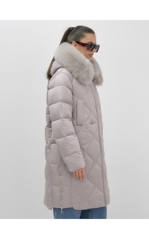 Длинный зимний пуховик с мехом песца.