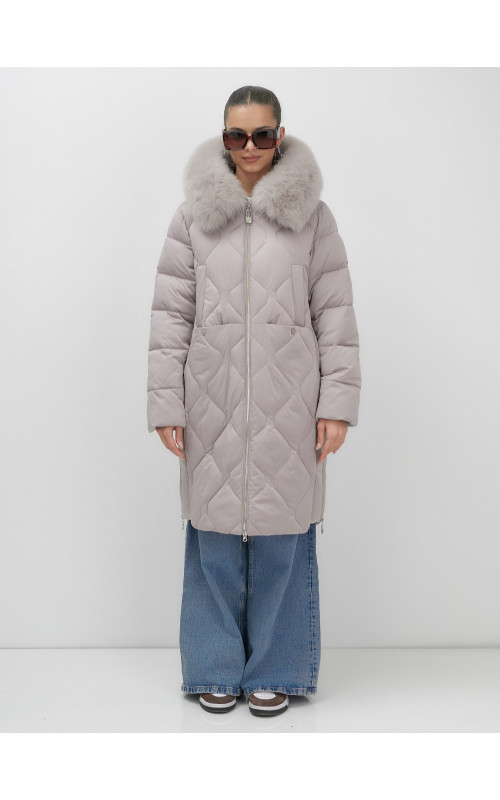 Длинный зимний пуховик с мехом песца.