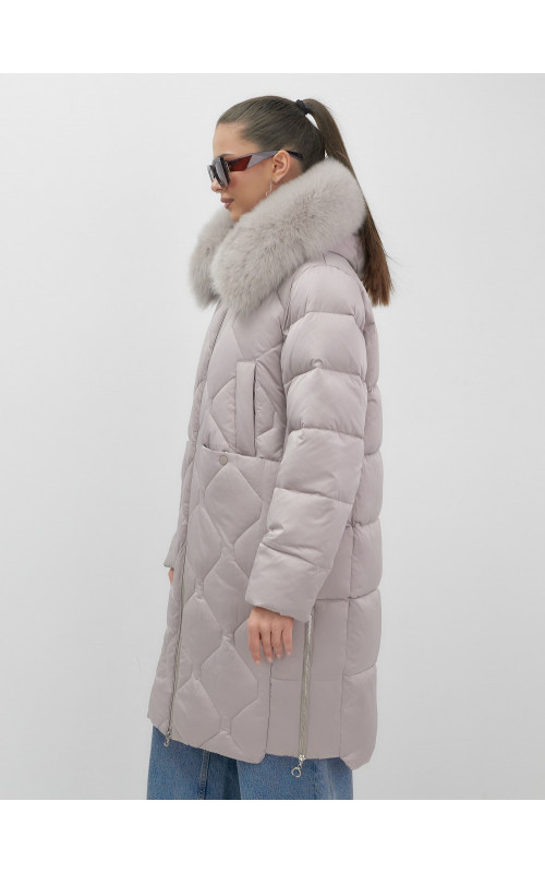Длинный зимний пуховик с мехом песца.