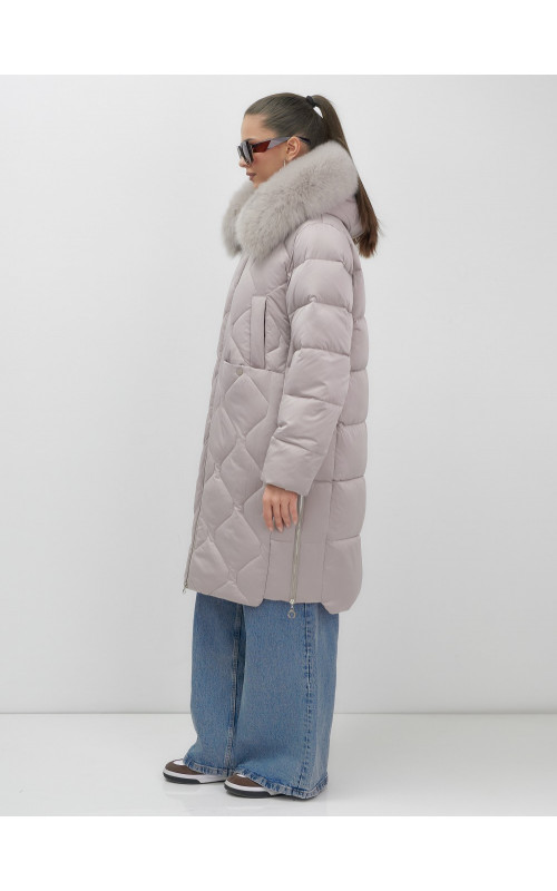 Длинный зимний пуховик с мехом песца.