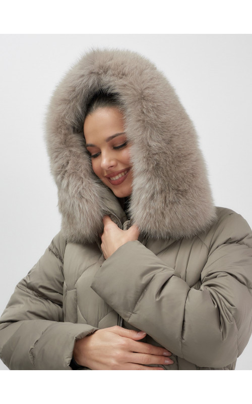 Длинный зимний пуховик с мехом песца.