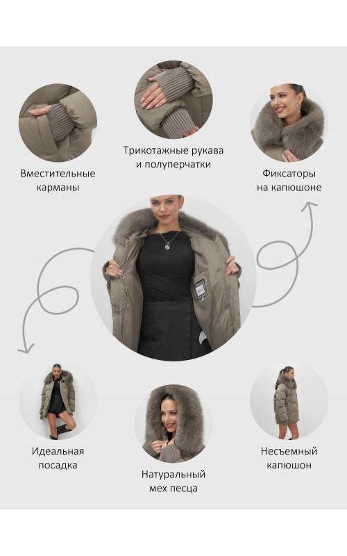 Пуховик женский зимний с мехом и капюшоном, коричневый.