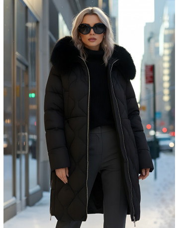 Длинный зимний пуховик с мехом песца.