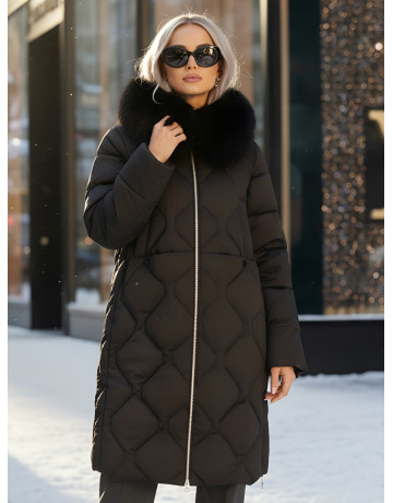Длинный зимний пуховик с мехом песца.