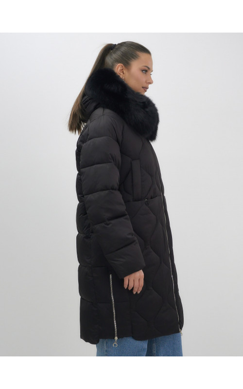 Длинный зимний пуховик с мехом песца.