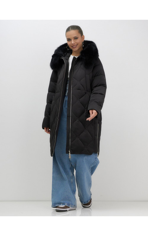 Длинный зимний пуховик с мехом песца.