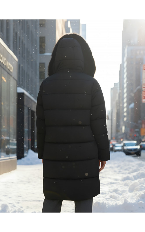 Длинный зимний пуховик с мехом песца.