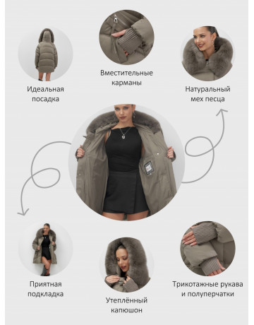 Пуховик зимний женский с мехом и капюшоном, коричневый.