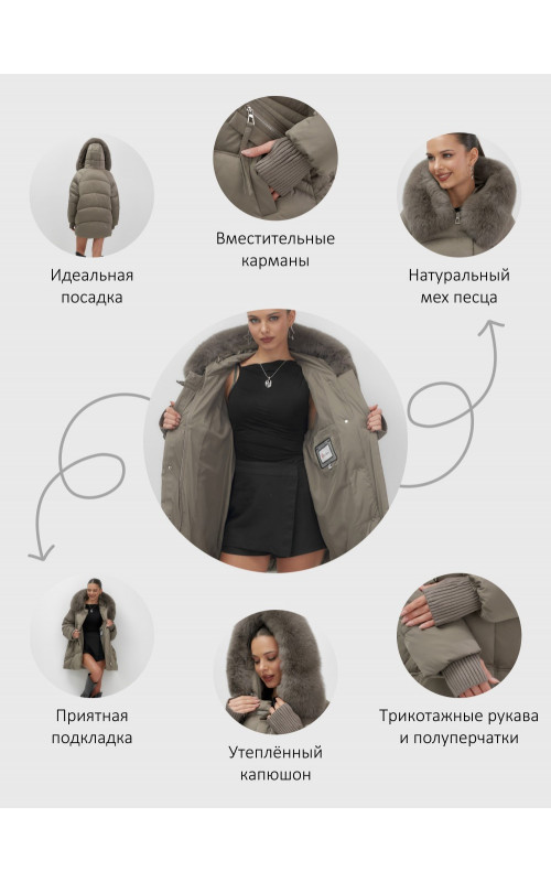 Пуховик зимний женский с мехом и капюшоном, коричневый.