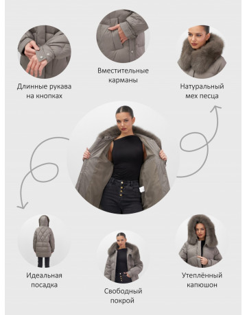 Пуховик зимний женский с мехом и капюшоном, коричневый.
