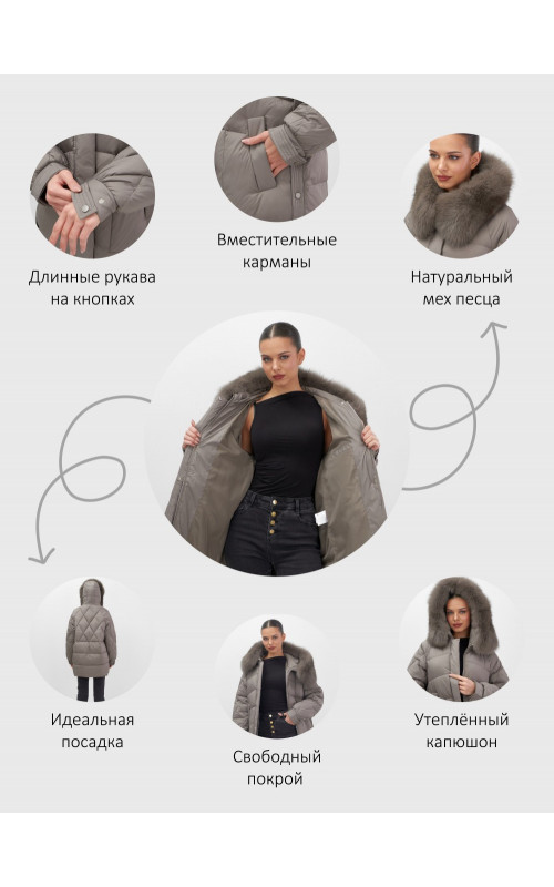 Пуховик зимний женский с мехом и капюшоном, коричневый.