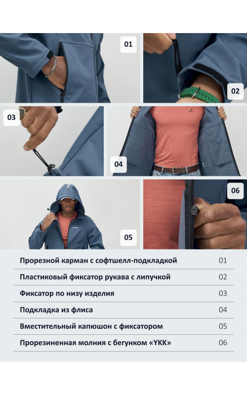 Мужская спортивная ветровка с капюшоном softshell, синяя