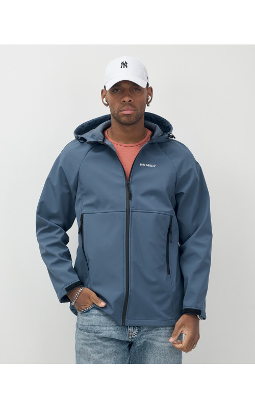 Мужская спортивная ветровка с капюшоном softshell, синяя