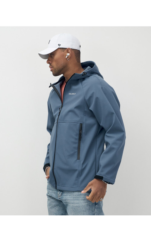 Мужская спортивная ветровка с капюшоном softshell, синяя