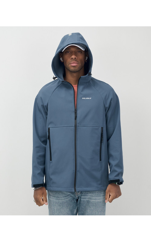 Мужская спортивная ветровка с капюшоном softshell, синяя
