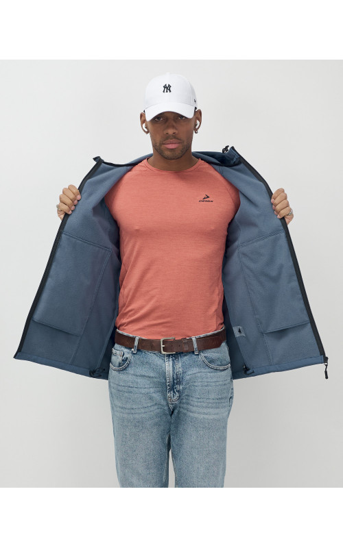 Мужская спортивная ветровка с капюшоном softshell, синяя