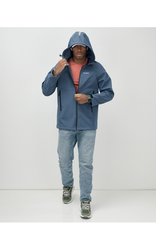 Мужская спортивная ветровка с капюшоном softshell, синяя