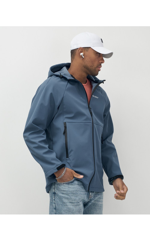 Мужская спортивная ветровка с капюшоном softshell, синяя