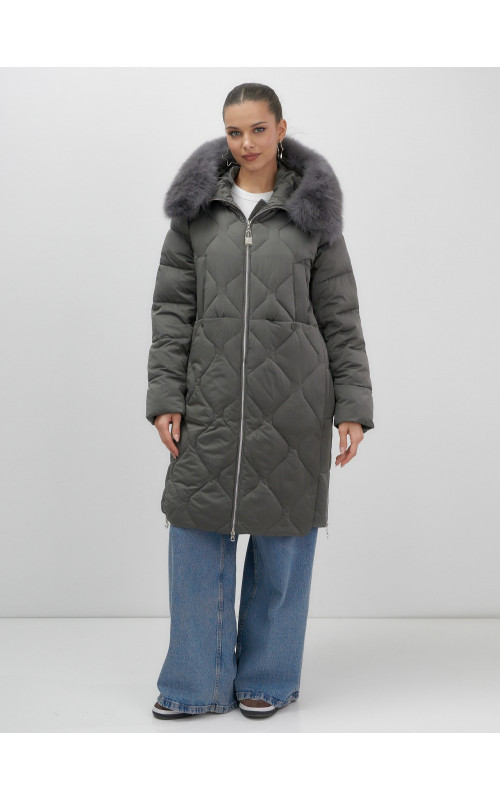 Длинный зимний пуховик с мехом песца.