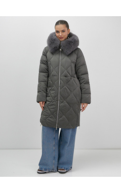 Длинный зимний пуховик с мехом песца.