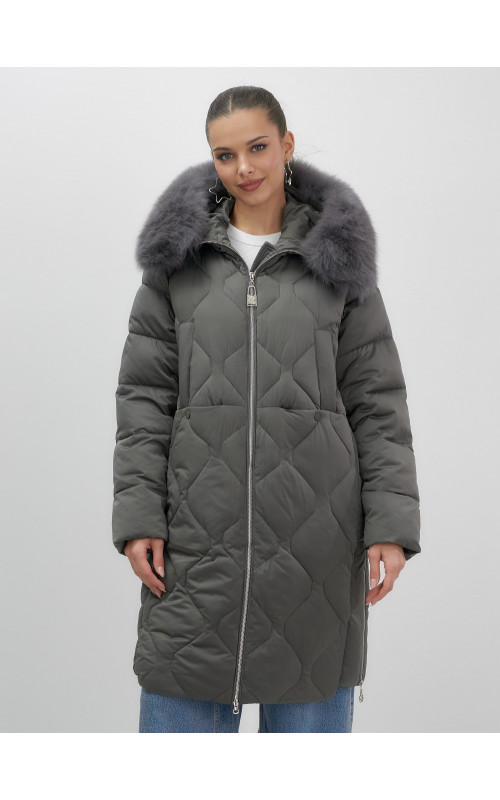 Длинный зимний пуховик с мехом песца.