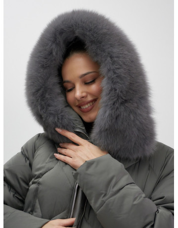 Длинный зимний пуховик с мехом песца.