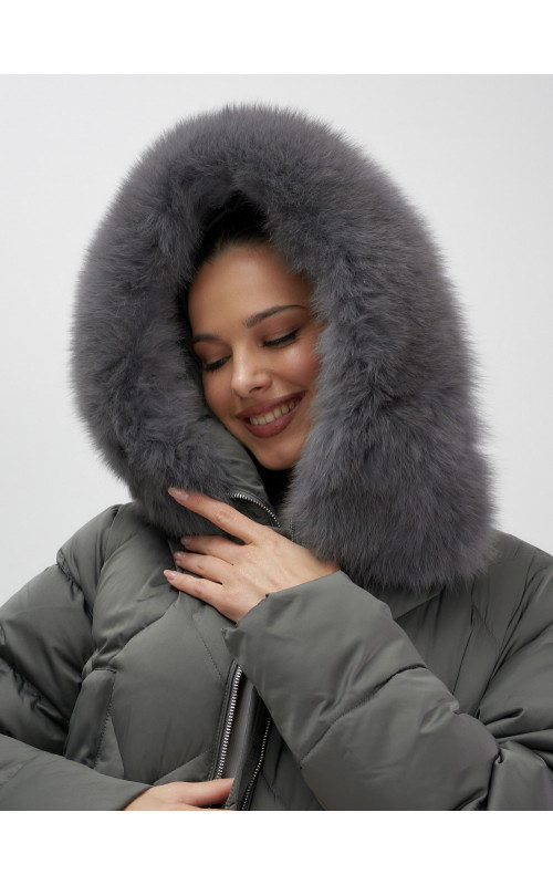 Длинный зимний пуховик с мехом песца.