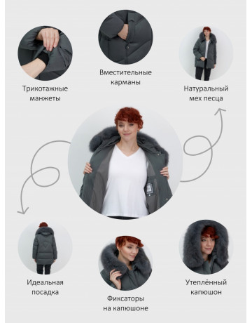 Пуховик женский зимний с мехом и капюшоном, тёмно-зелёный
