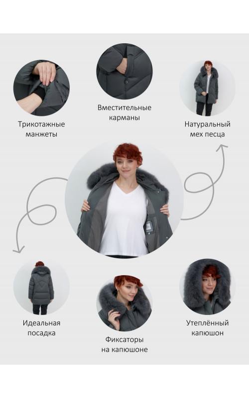 Пуховик женский зимний с мехом и капюшоном, тёмно-зелёный