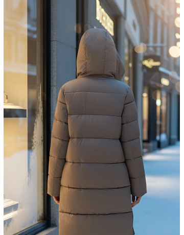 Длинный женский пуховик с капюшоном для зимы