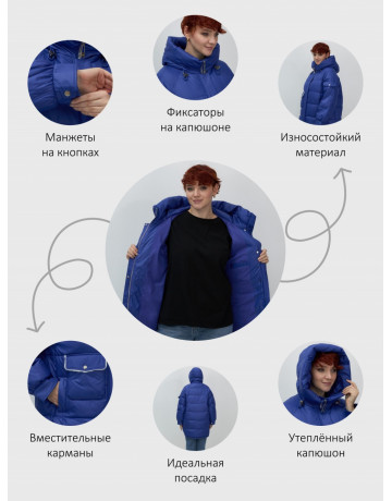 Пуховик женский зимний с капюшоном, синий.