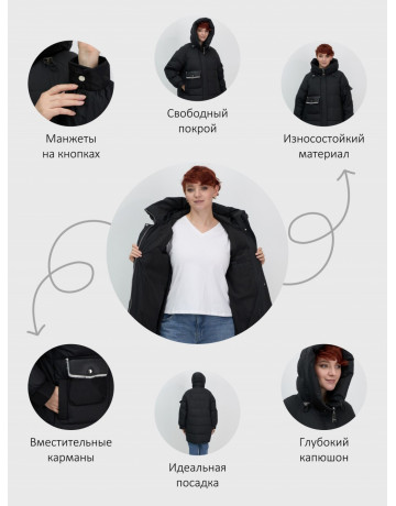Пуховик зимний женский с капюшоном, модный, чёрный.