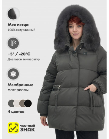 Пуховик с мехом песца, элегантный и стильный, для зимы 2025.