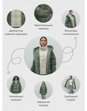 Пуховик двубортный женский зимний с капюшоном хаки